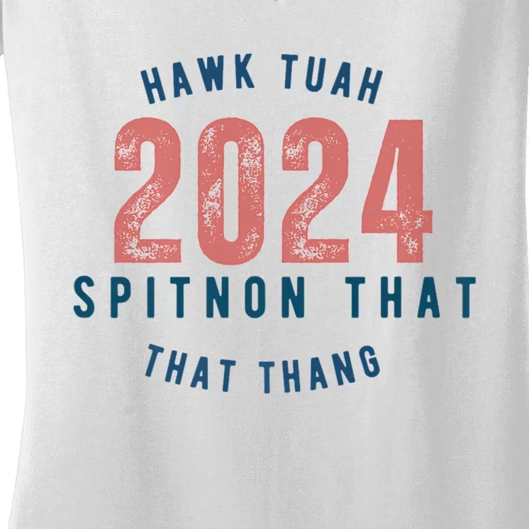 Hawk Tuah 24 Spit On That Thang Blue And Red Women's V-Neck T-Shirt