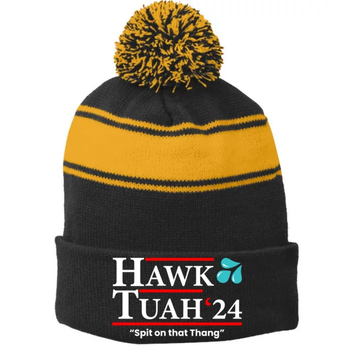 Hawk Tuah 24 Spit On That Thang Funny Saying Stripe Pom Pom Beanie