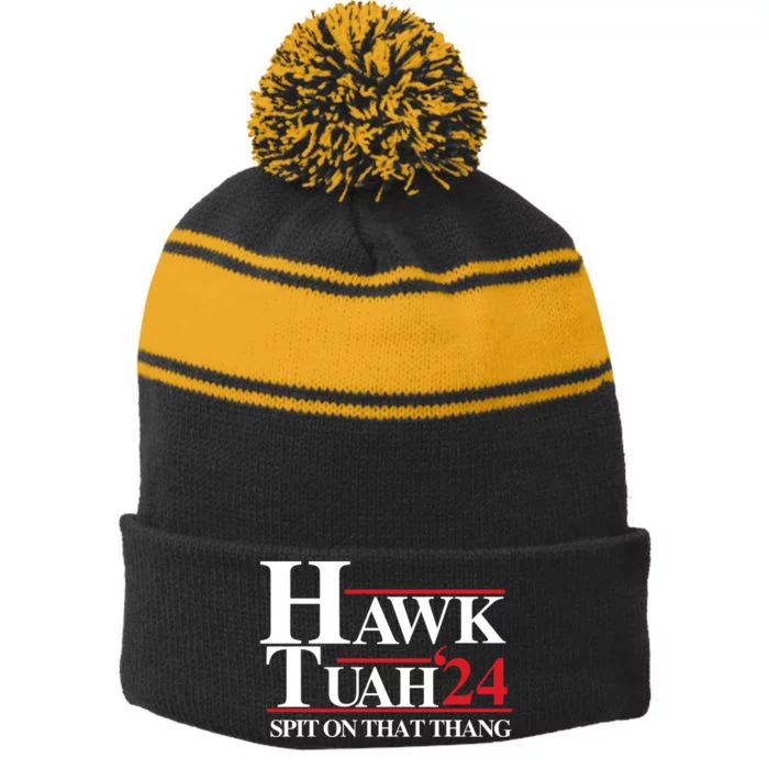 Hawk Tuah 24 Spit On That Thang Funny Saying Stripe Pom Pom Beanie