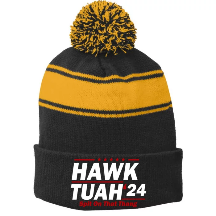 Hawk Tuah 24 Spit On That Thang Funny Saying Stripe Pom Pom Beanie