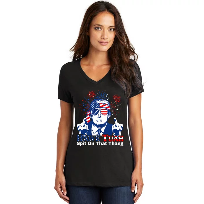 Hawk Tuah 24 Spit On That Thang Hawk Tush For President 2024 Election Parody Women's V-Neck T-Shirt