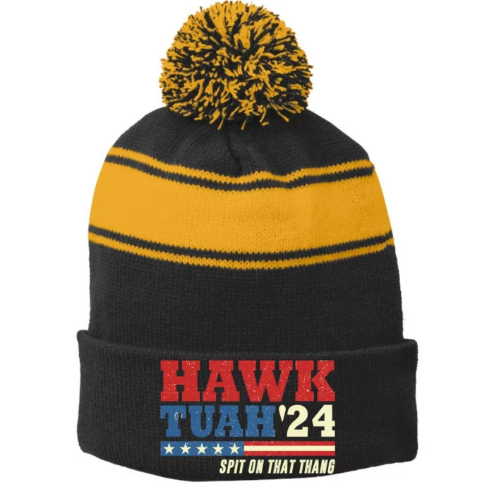 Hawk Tuah 24 Spit On That Thang Funny Saying Stripe Pom Pom Beanie