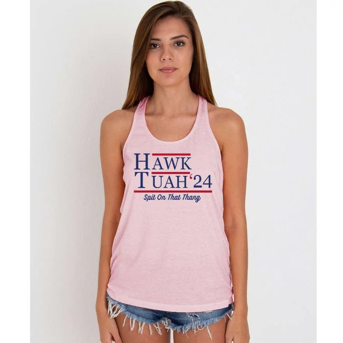 Hawk Tuah 24 Funny Tank Top Design Women's Knotted Racerback Tank