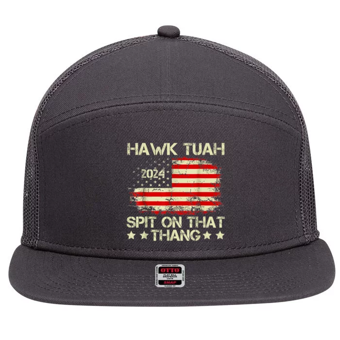 Hawk Tuah 24 Spit On That Thang Retro American Flag Gift 7 Panel Mesh Trucker Snapback Hat