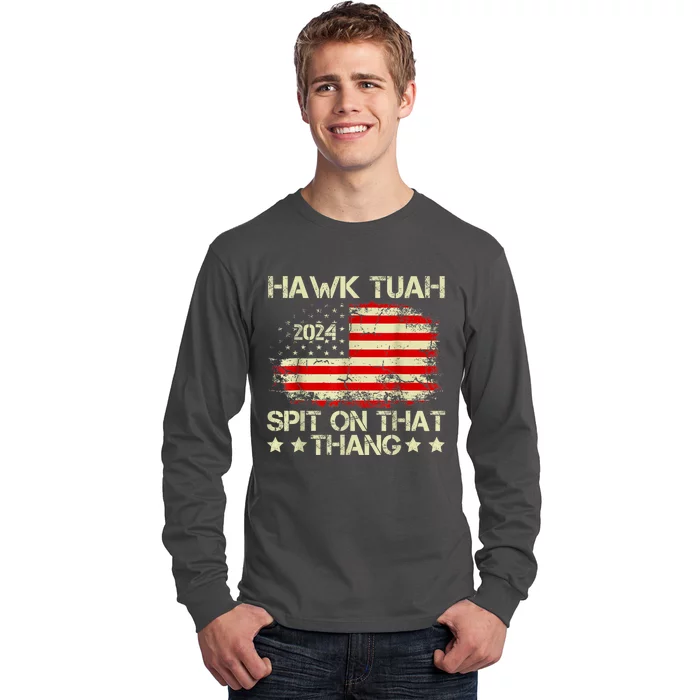 Hawk Tuah 24 Spit On That Thang Retro American Flag Gift Long Sleeve Shirt