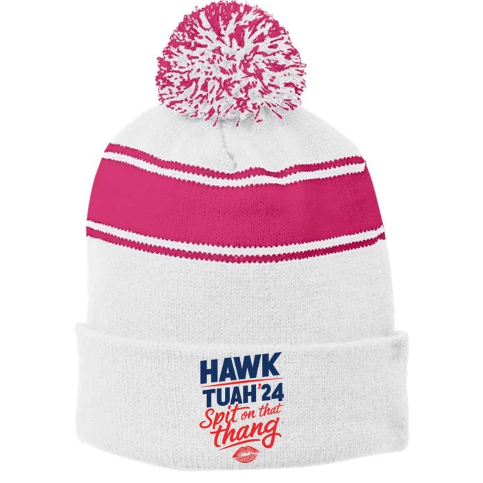 Hawk Tuah 2024 Funny Hawk Tush Design Stripe Pom Pom Beanie