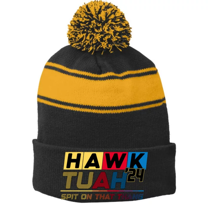 Hawk Tuah 24 Spit On That Thang Funny Saying Stripe Pom Pom Beanie