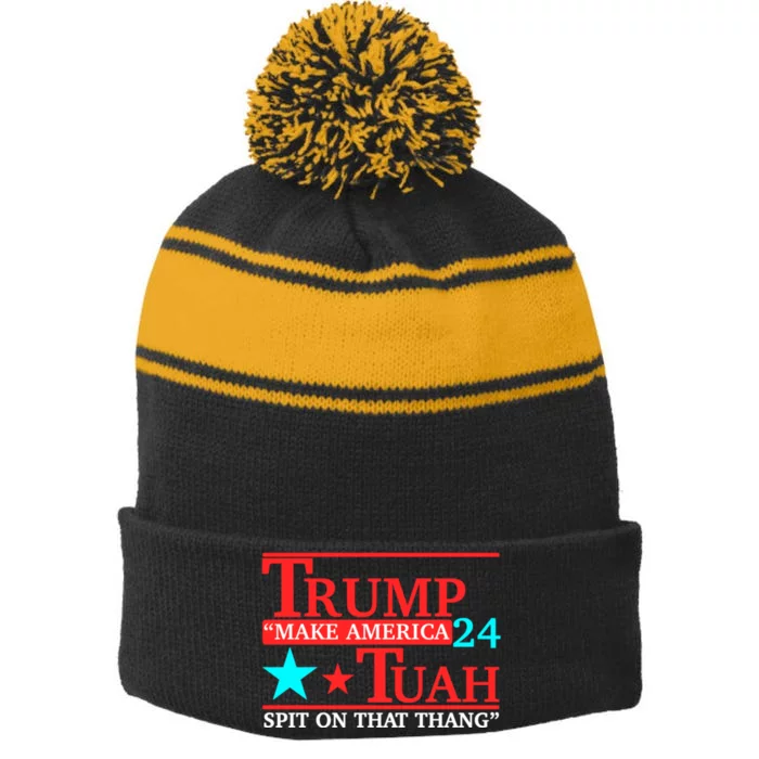 Hawk Tuah 24 Spit On That Thang Trump 2024 Stripe Pom Pom Beanie