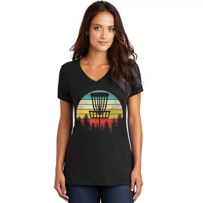 Hit Trees And Curse Sunset Retro Disc Golf Frisbee Golfer Women's V-Neck T-Shirt