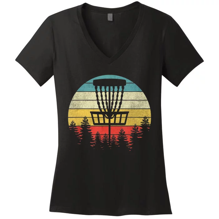 Hit Trees And Curse Sunset Retro Disc Golf Frisbee Golfer Women's V-Neck T-Shirt