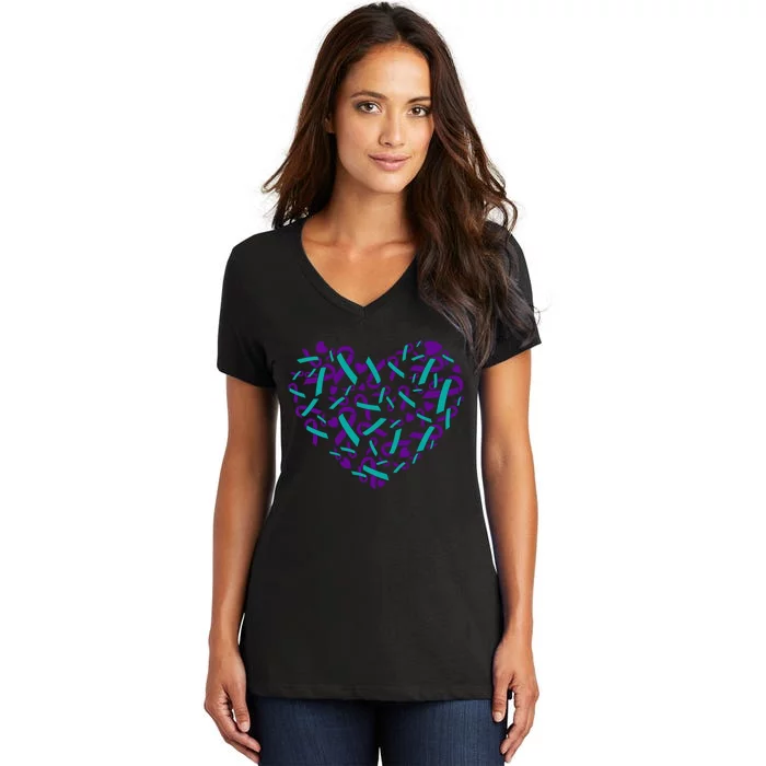 Heart Teal And Purple Ribbon Suicide Prevention Awareness Women's V-Neck T-Shirt