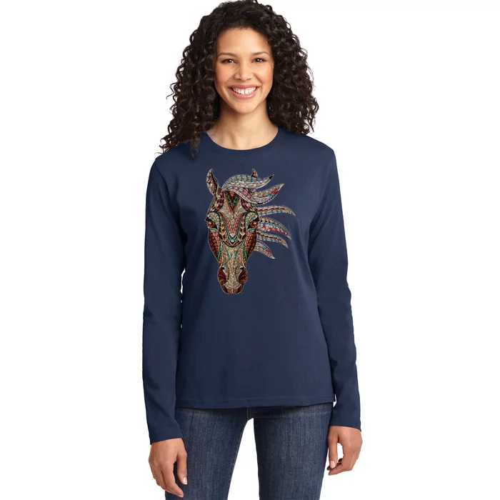 Horse Tribal Abstract Art Native American Geometric Horse Ladies Long Sleeve Shirt