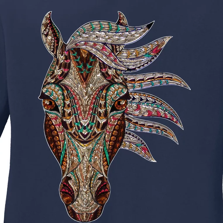 Horse Tribal Abstract Art Native American Geometric Horse Ladies Long Sleeve Shirt