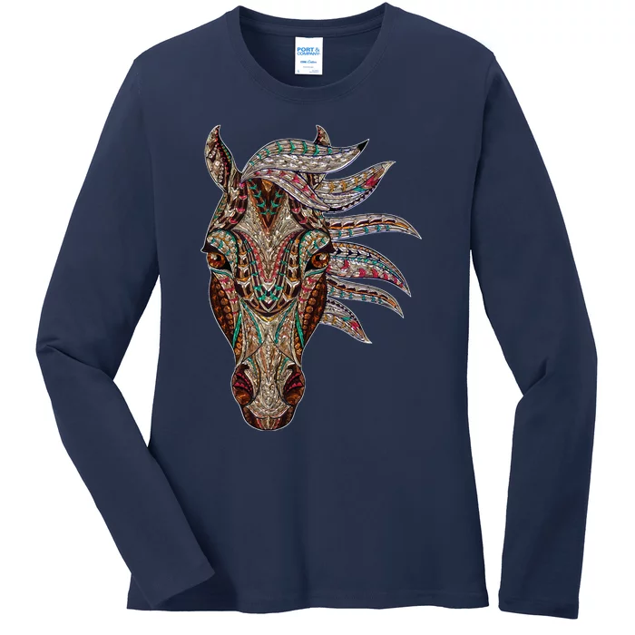 Horse Tribal Abstract Art Native American Geometric Horse Ladies Long Sleeve Shirt