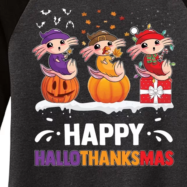 Happy Thanksmas Axolotl Women's Tri-Blend 3/4-Sleeve Raglan Shirt