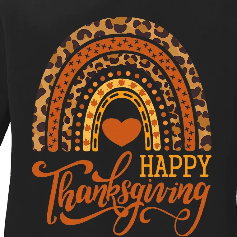 Happy Thanksgiving Boho Rainbow Leopard Fall Autumn Ladies Long Sleeve Shirt