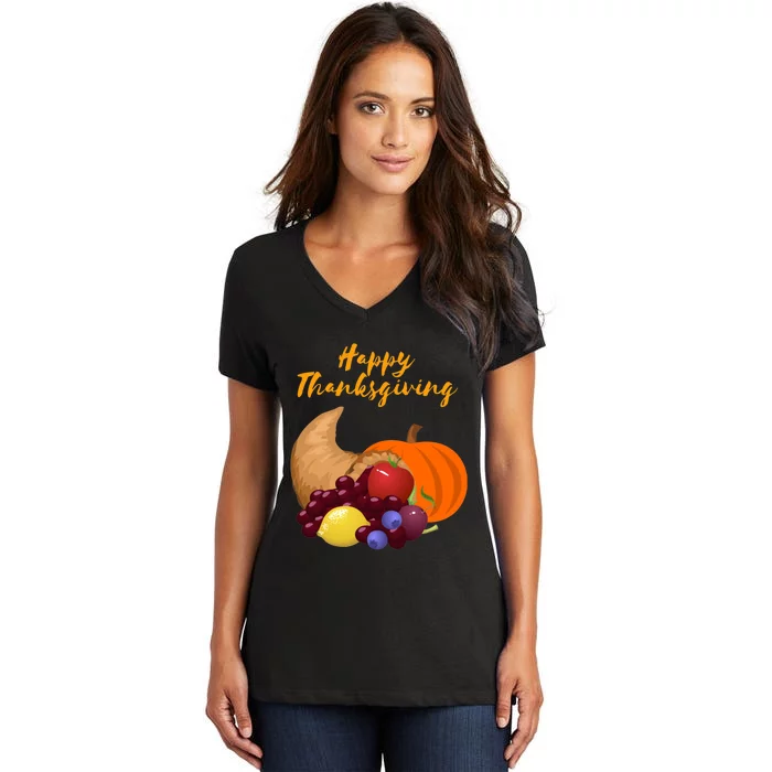 Happy Thanksgiving Cornucopia Design Women's V-Neck T-Shirt