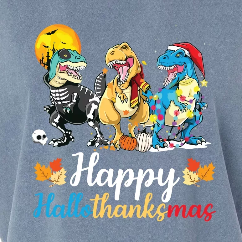 Halloween Thanksgiving Christmas Happy Hallothanksmas T Rex Garment-Dyed Women's Muscle Tee