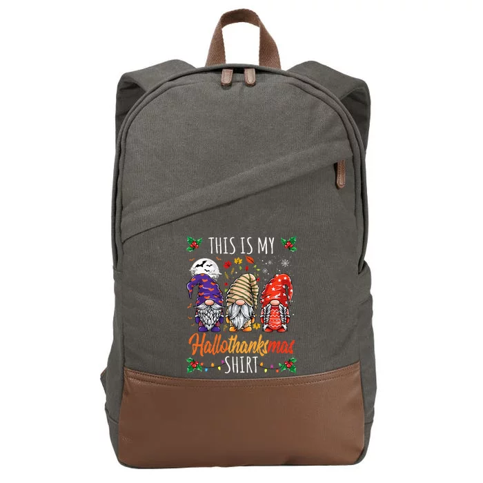 Halloween Thanksgiving Christmas Funny Hallothanksmas Gnomes Cotton Canvas Backpack