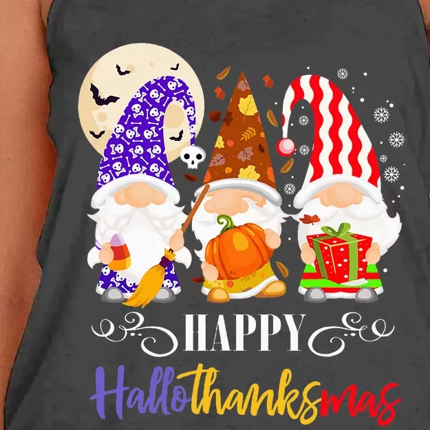 Halloween Thanksgiving Christmas Gnome Happy Hallothanksmas Women's Knotted Racerback Tank