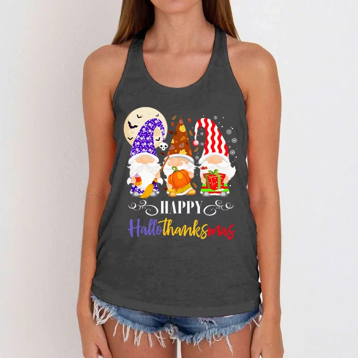 Halloween Thanksgiving Christmas Gnome Happy Hallothanksmas Women's Knotted Racerback Tank