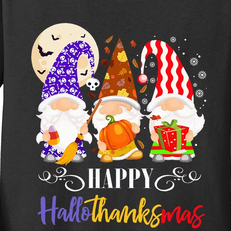 Halloween Thanksgiving Christmas Gnome Happy Hallothanksmas Kids Long Sleeve Shirt