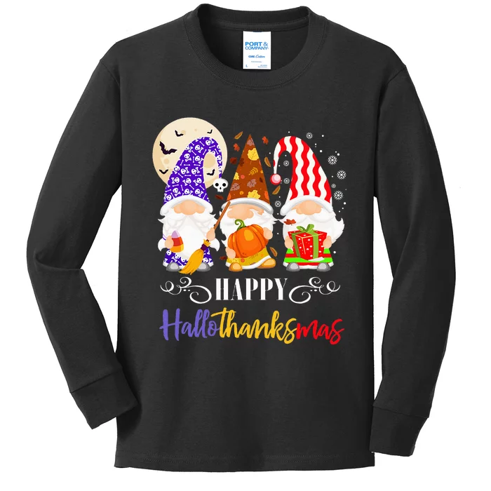 Halloween Thanksgiving Christmas Gnome Happy Hallothanksmas Kids Long Sleeve Shirt