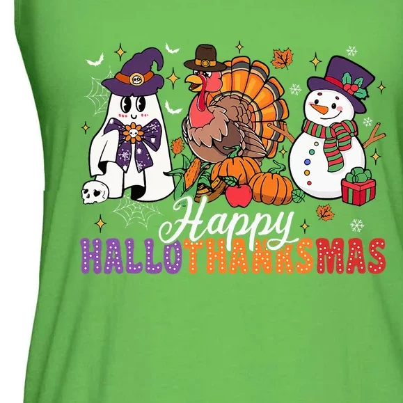 Halloween Thanksgiving Christmas Happy Hallothanksmas Ladies Essential Flowy Tank