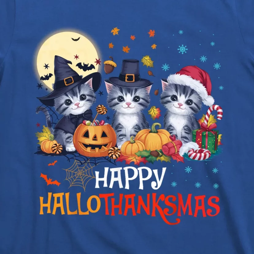 Halloween Thanksgiving Christmas Happy Hallothanksmas Cats Cute Gift T-Shirt