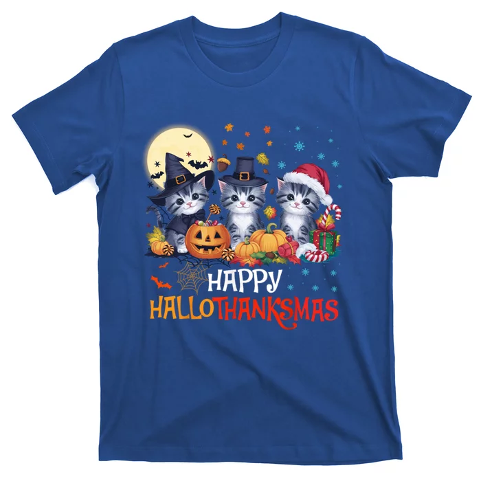 Halloween Thanksgiving Christmas Happy Hallothanksmas Cats Cute Gift T-Shirt