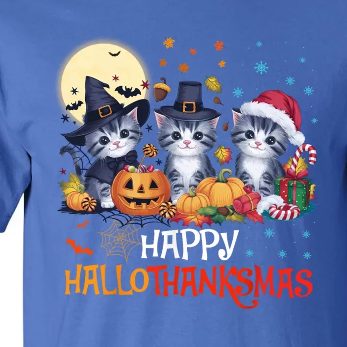 Halloween Thanksgiving Christmas Happy Hallothanksmas Cats Cute Gift Tall T-Shirt