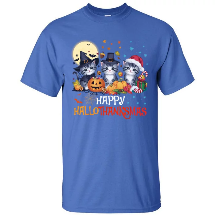 Halloween Thanksgiving Christmas Happy Hallothanksmas Cats Cute Gift Tall T-Shirt