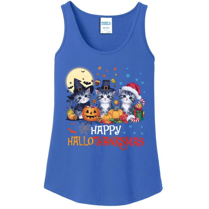 Halloween Thanksgiving Christmas Happy Hallothanksmas Cats Cute Gift Ladies Essential Tank