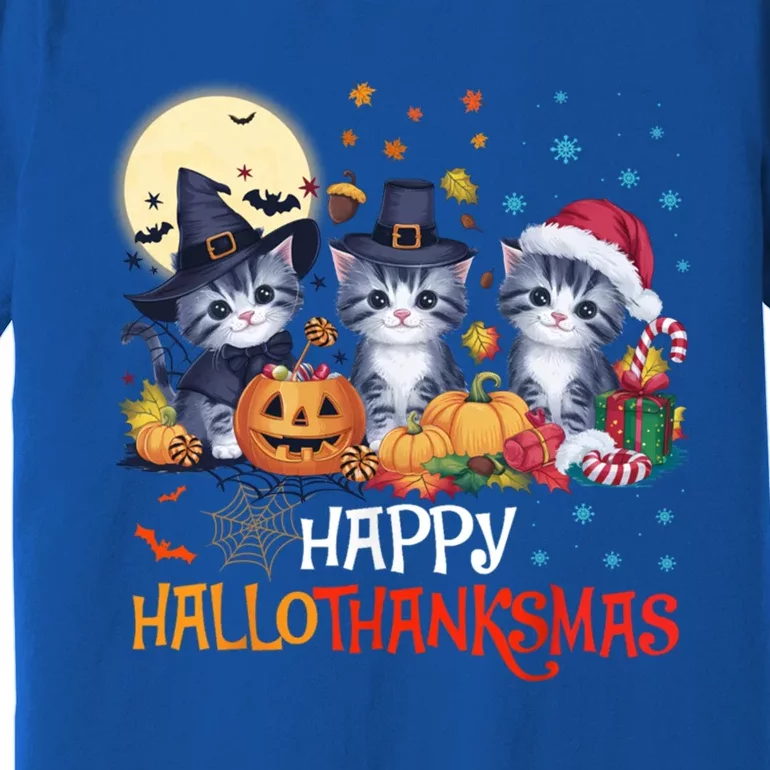 Halloween Thanksgiving Christmas Happy Hallothanksmas Cats Cute Gift Premium T-Shirt