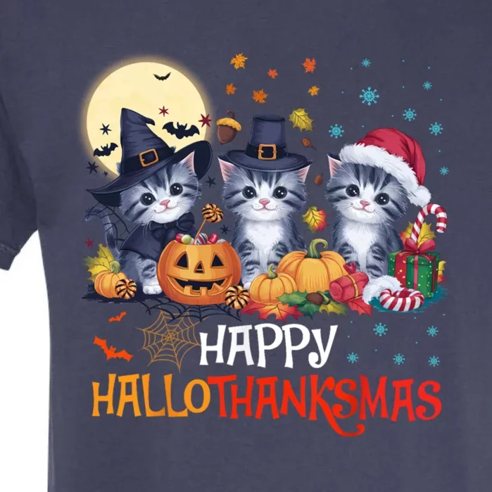 Halloween Thanksgiving Christmas Happy Hallothanksmas Cats Cute Gift Garment-Dyed Heavyweight T-Shirt