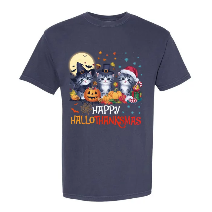 Halloween Thanksgiving Christmas Happy Hallothanksmas Cats Cute Gift Garment-Dyed Heavyweight T-Shirt