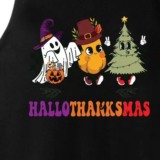 Halloween Thanksgiving Christmas Halloween Thanksgivi Happy Hallothanksmas Ladies Tri-Blend Wicking Tank