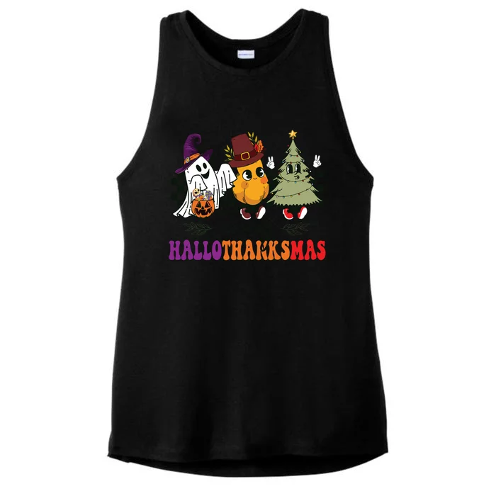 Halloween Thanksgiving Christmas Halloween Thanksgivi Happy Hallothanksmas Ladies Tri-Blend Wicking Tank