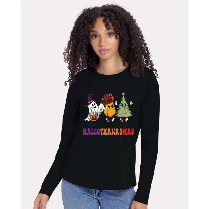 Halloween Thanksgiving Christmas Halloween Thanksgivi Happy Hallothanksmas Womens Cotton Relaxed Long Sleeve T-Shirt