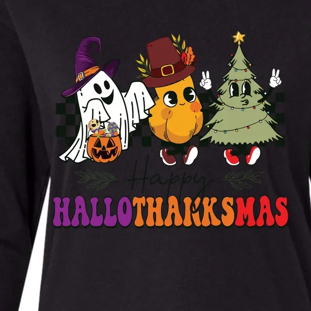 Halloween Thanksgiving Christmas Halloween Thanksgivi Happy Hallothanksmas Womens Cotton Relaxed Long Sleeve T-Shirt