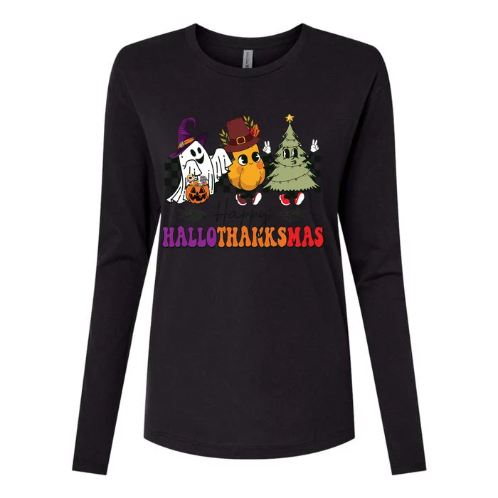 Halloween Thanksgiving Christmas Halloween Thanksgivi Happy Hallothanksmas Womens Cotton Relaxed Long Sleeve T-Shirt