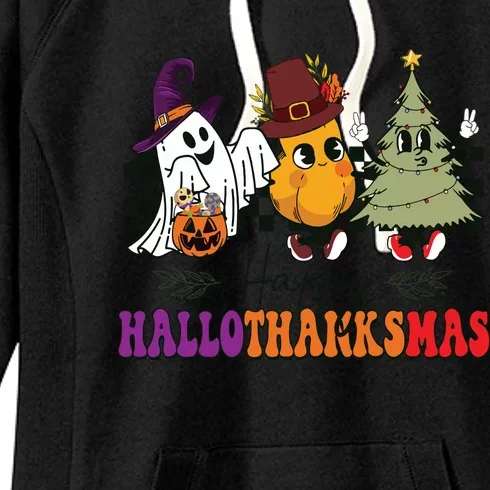 Halloween Thanksgiving Christmas Halloween Thanksgivi Happy Hallothanksmas Women's Fleece Hoodie