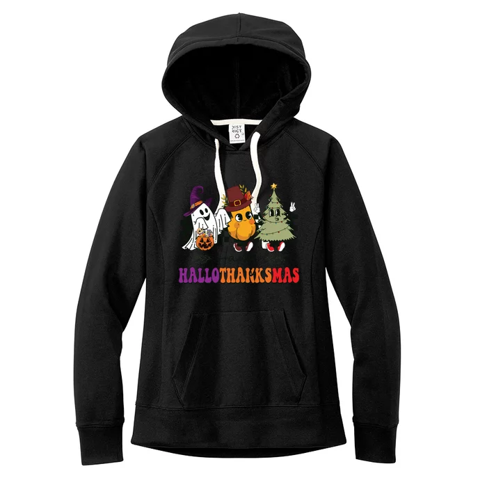 Halloween Thanksgiving Christmas Halloween Thanksgivi Happy Hallothanksmas Women's Fleece Hoodie