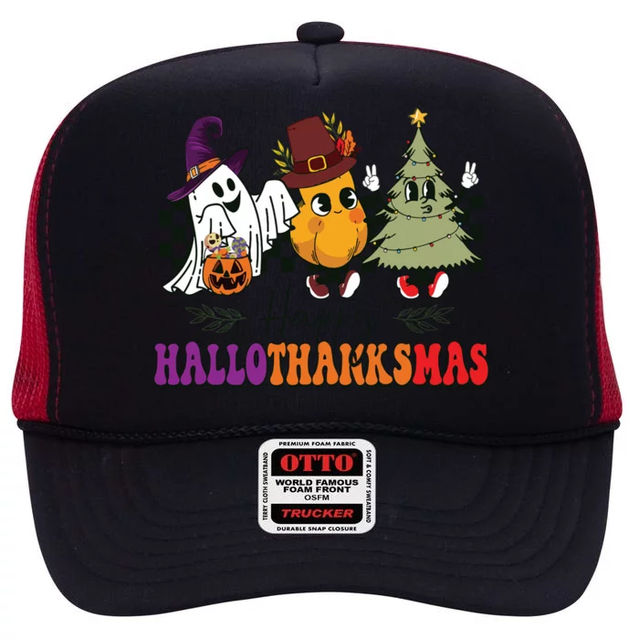 Halloween Thanksgiving Christmas Halloween Thanksgivi Happy Hallothanksmas High Crown Mesh Trucker Hat