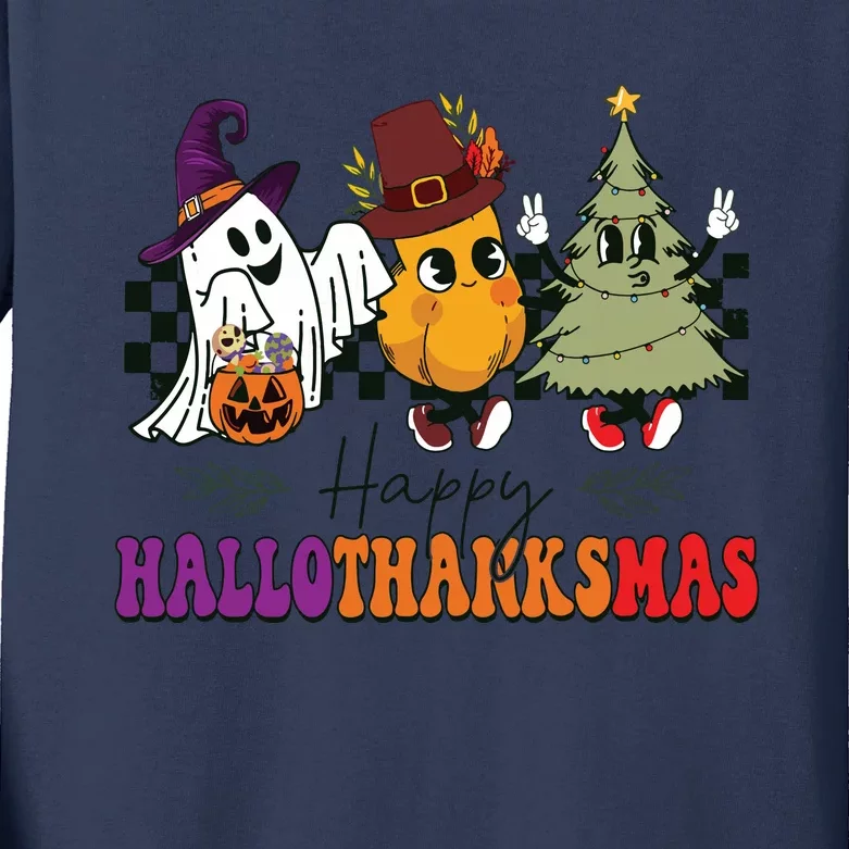 Halloween Thanksgiving Christmas Halloween Thanksgivi Happy Hallothanksmas Kids Long Sleeve Shirt