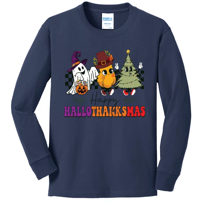 Halloween Thanksgiving Christmas Halloween Thanksgivi Happy Hallothanksmas Kids Long Sleeve Shirt