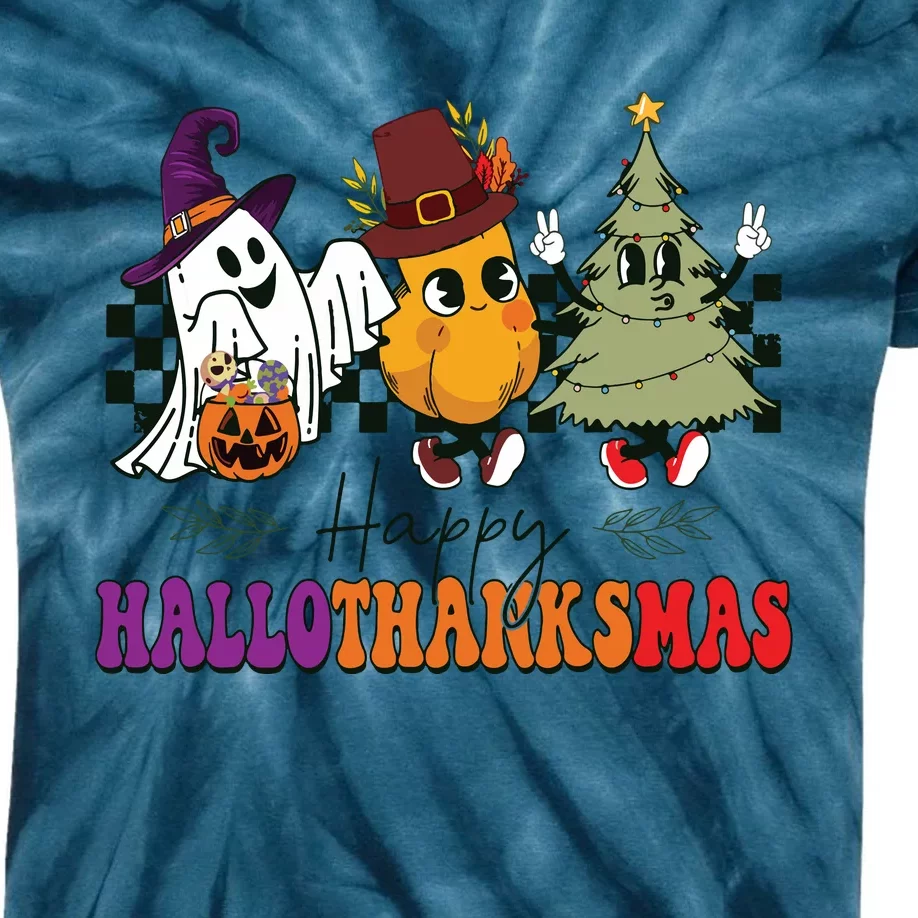 Halloween Thanksgiving Christmas Halloween Thanksgivi Happy Hallothanksmas Kids Tie-Dye T-Shirt