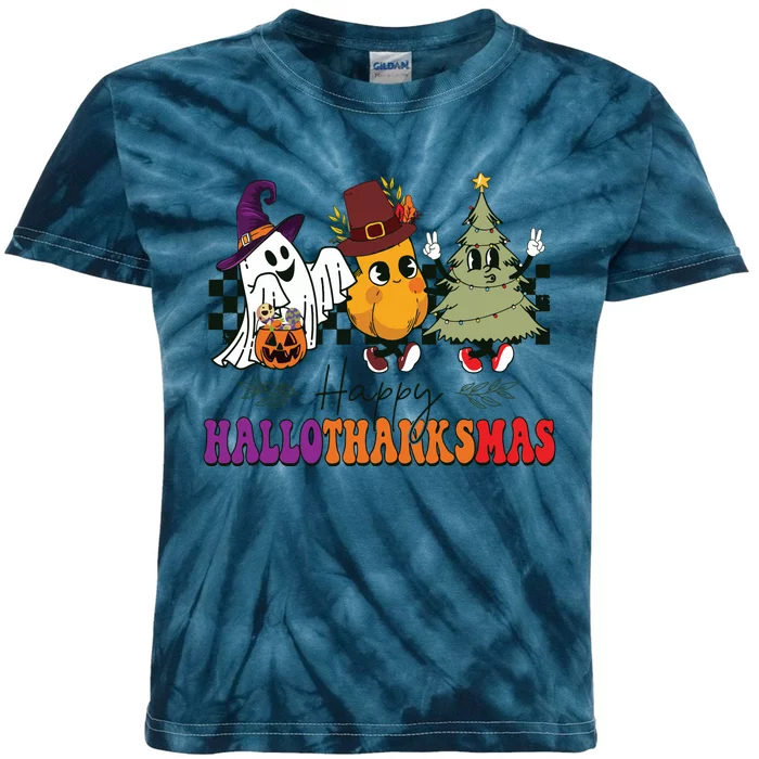 Halloween Thanksgiving Christmas Halloween Thanksgivi Happy Hallothanksmas Kids Tie-Dye T-Shirt