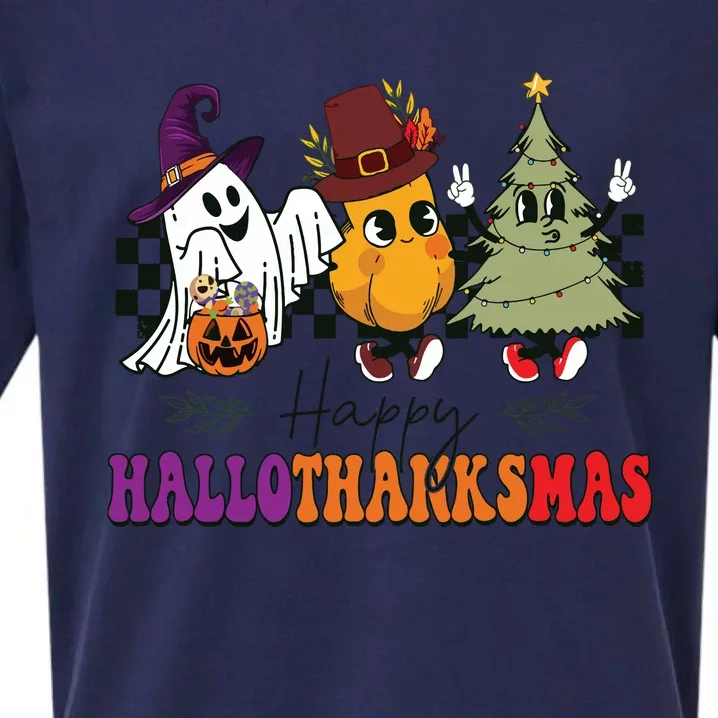 Halloween Thanksgiving Christmas Halloween Thanksgivi Happy Hallothanksmas Sueded Cloud Jersey T-Shirt