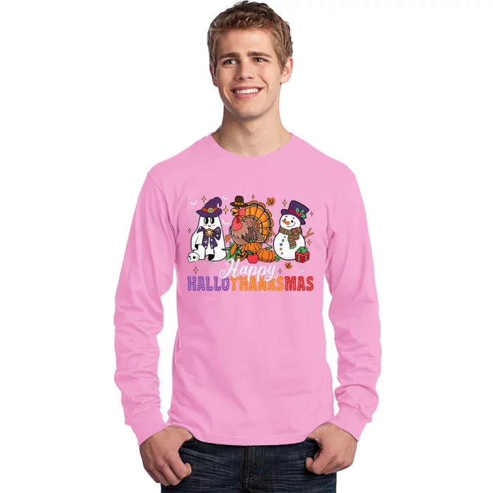 Halloween Thanksgiving Christmas Happy Hallothanksmas Long Sleeve Shirt